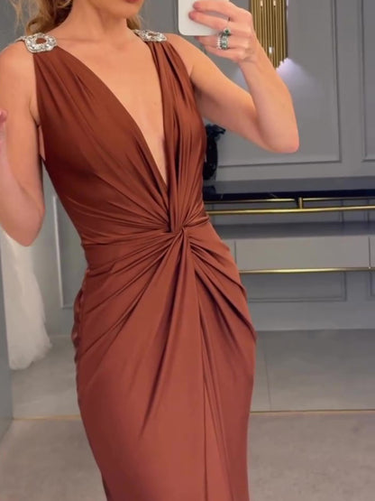 Elegant Draped Deep V - Neck Evening Dress