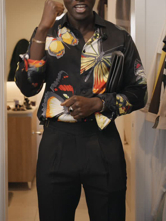 Chic Black Button-Up Shirt With Vibrant Butterfly Motif