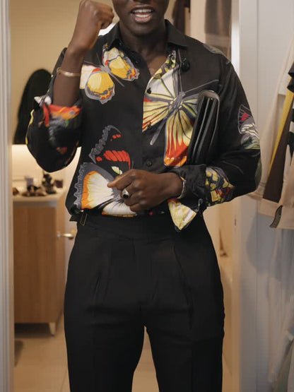 Chic Black Button-Up Shirt With Vibrant Butterfly Motif