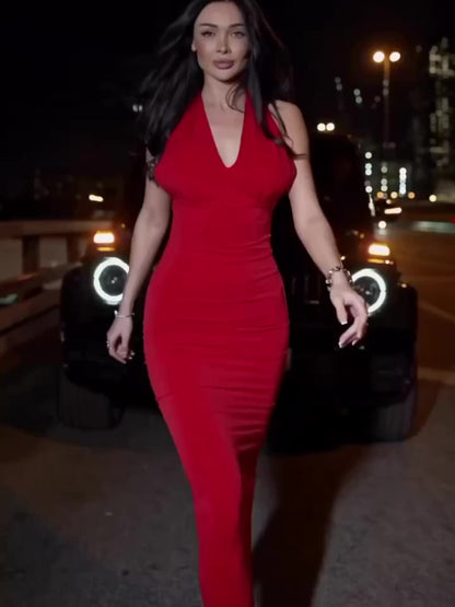Red Halter Neck Slim Dress