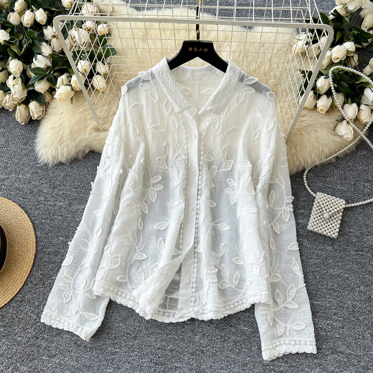 Heavy Industry Leaf Embroidery Cardigan Long Sleeve Top