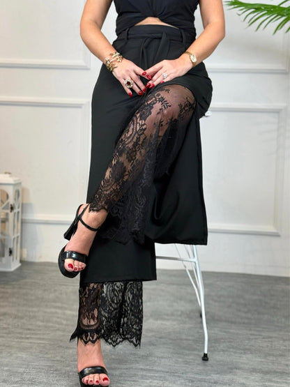 Black Lace Panel Lace-Up Pants