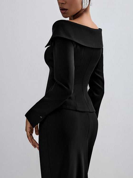 Black Double-breasted Jacket And Long Skirt Suit