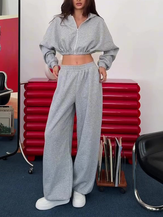 Gray Three-Piece Set With Hooded Jacket, Corset Top And Wide-Leg Pants