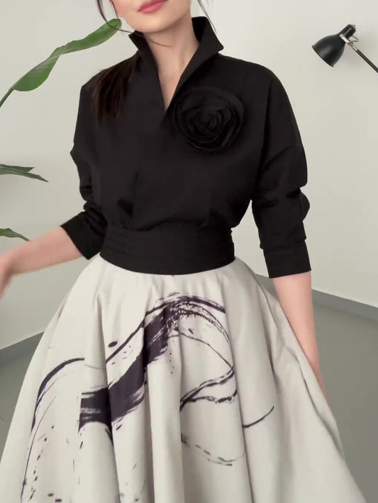 Black Floral Long Sleeve Tie Shirt