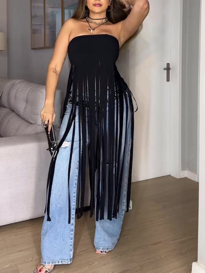 Black Bandeau Fringe Top