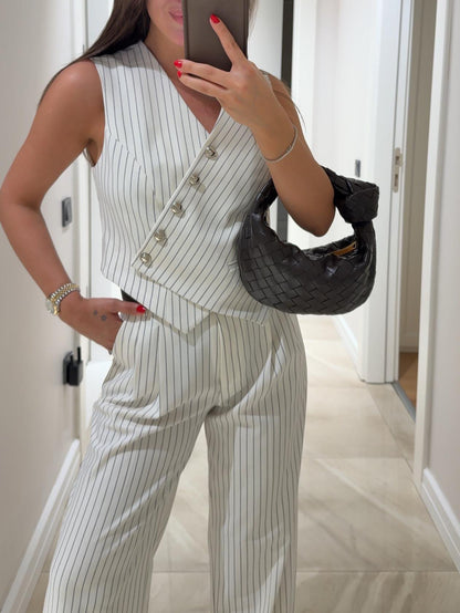 White Striped Asymmetric Cut Double Breasted Collar Vest Pants Set