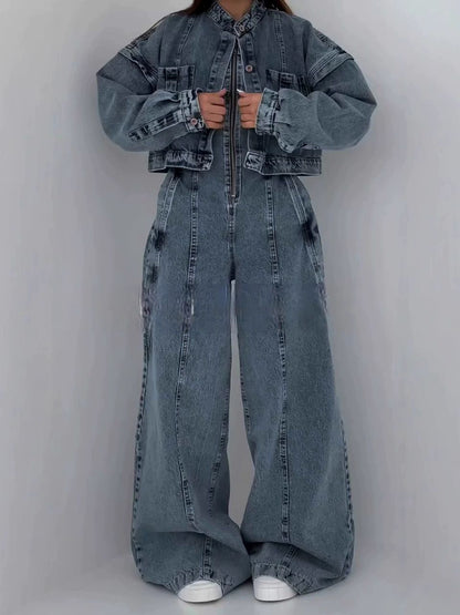 Denim Bandeau Zipper Jumpsuit & Jacket Set
