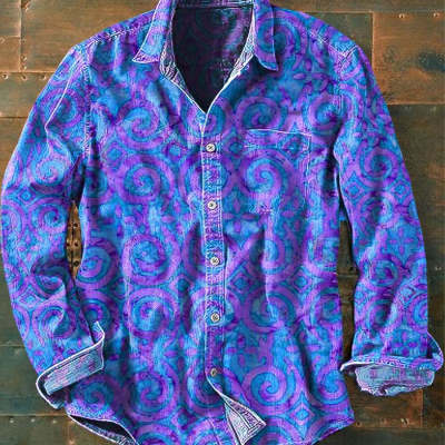 Mens Color-Block Printed Long-Sleeve Button-Up Top