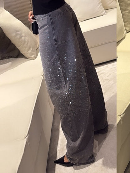 High - Waisted Wide - Leg Jeans With Sparkling Rhinestone Detailing
