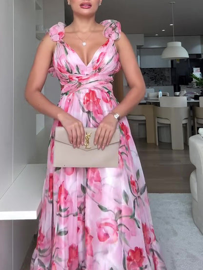 Floral Print Open Back Strap Maxi Dress