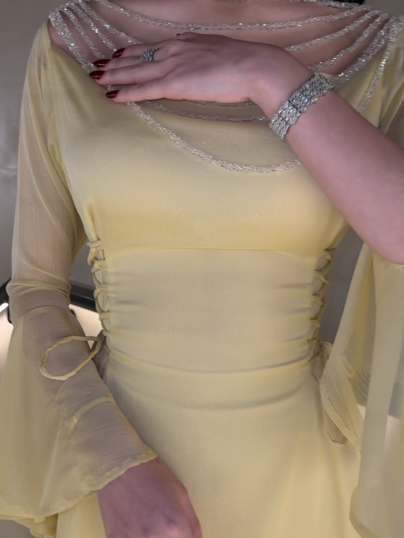 Yellow Pleated Belted Ruffled Sleeves Maxi Dress