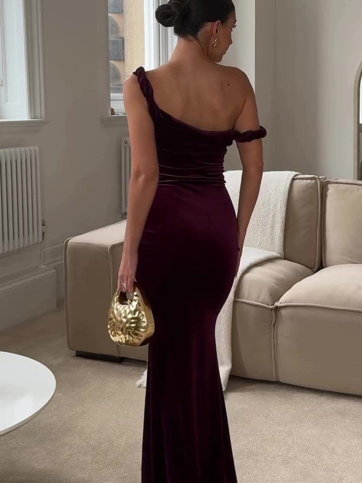 Burgundy Off-shoulder Velvet Fishtail Maxi Dress