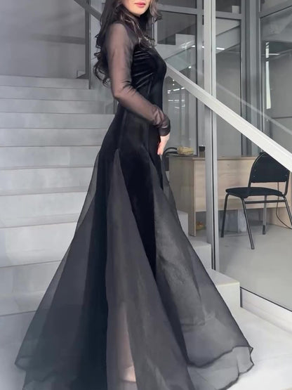 Black Velvet Patchwork Mesh Maxi Dress