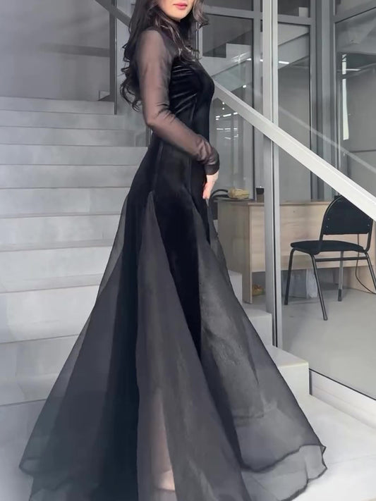Black Velvet Patchwork Mesh Maxi Dress
