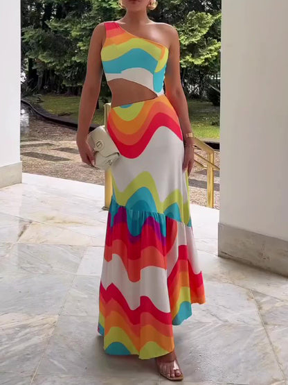 Colorful One Shoulder Cutout Dress