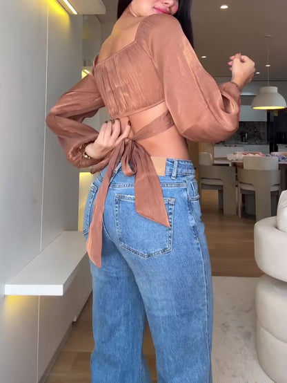 Glitter Long Sleeve Lace Up Crop Shirt