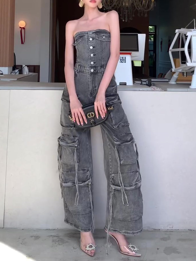 Denim Tube Top Single-breasted Jumpsuit