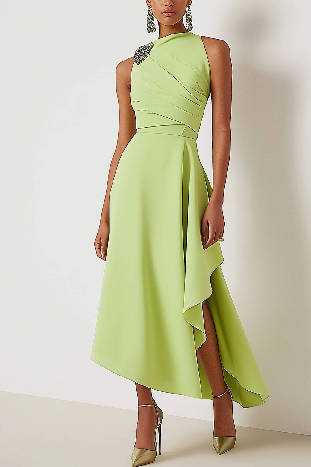 Wedding Guest Party Dress Sage Green Sleeveless Midi Dress