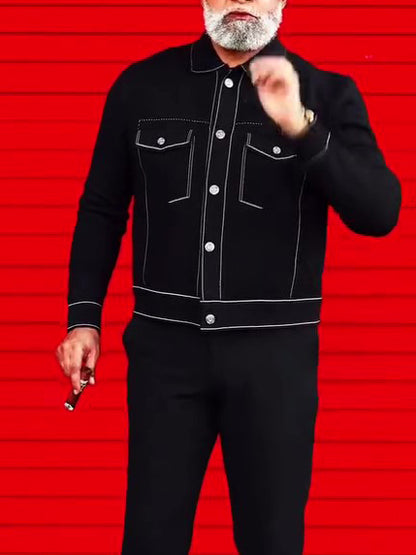 Black Denim Jacket With White Topstitching Detail