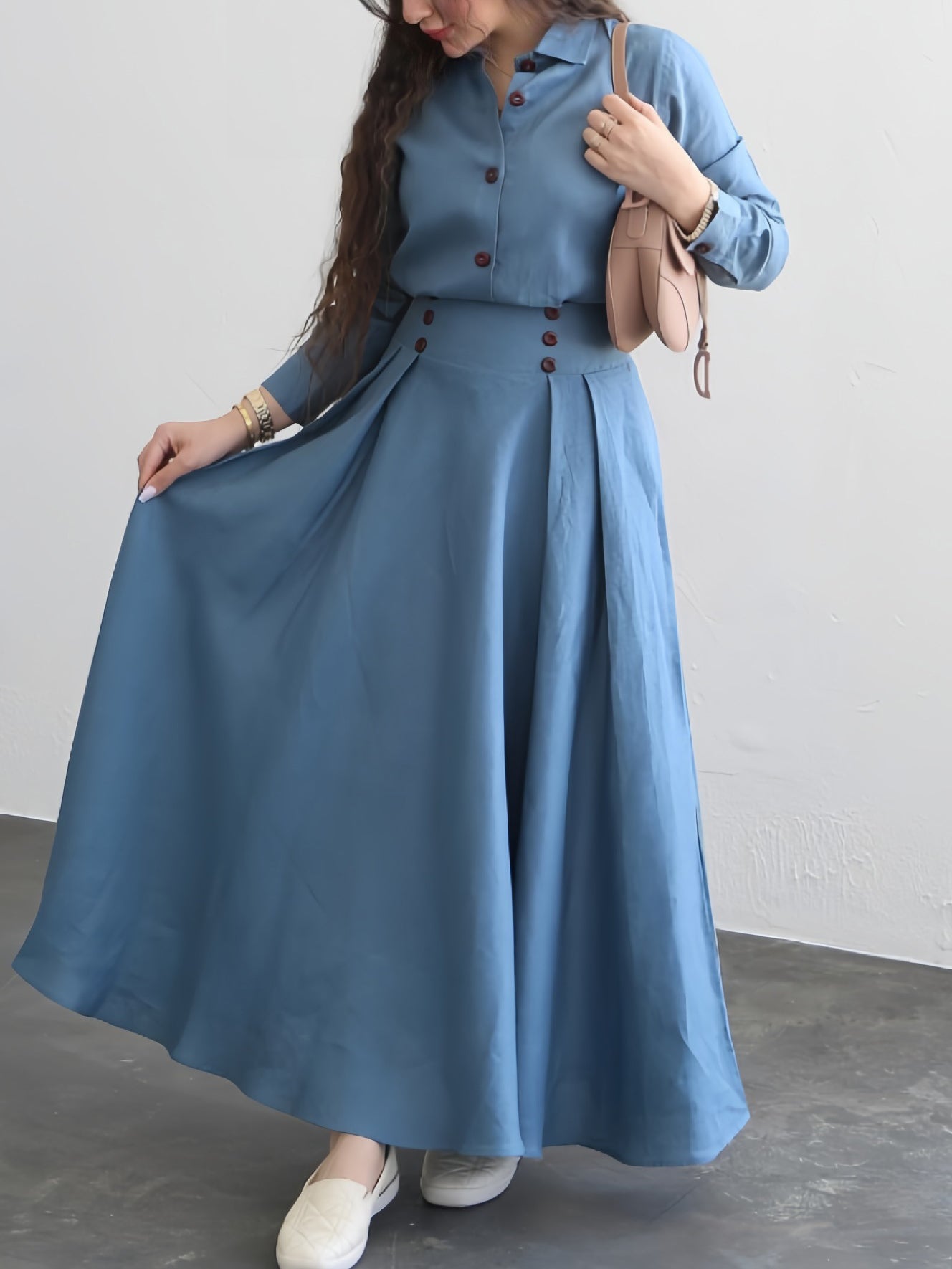 Solid Color Shirt & High Waist Skirt Suit