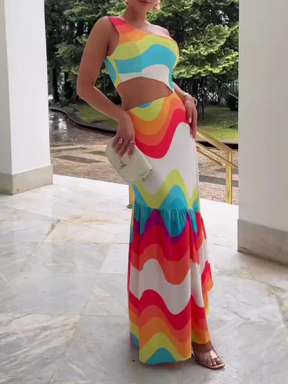 Colorful One Shoulder Cutout Dress