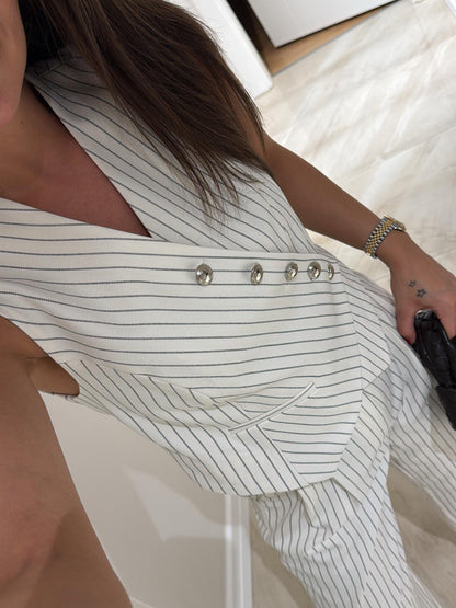 White Striped Asymmetric Cut Double Breasted Collar Vest Pants Set