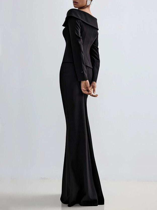 Black Double-breasted Jacket And Long Skirt Suit