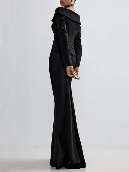 Black Double-breasted Jacket And Long Skirt Suit