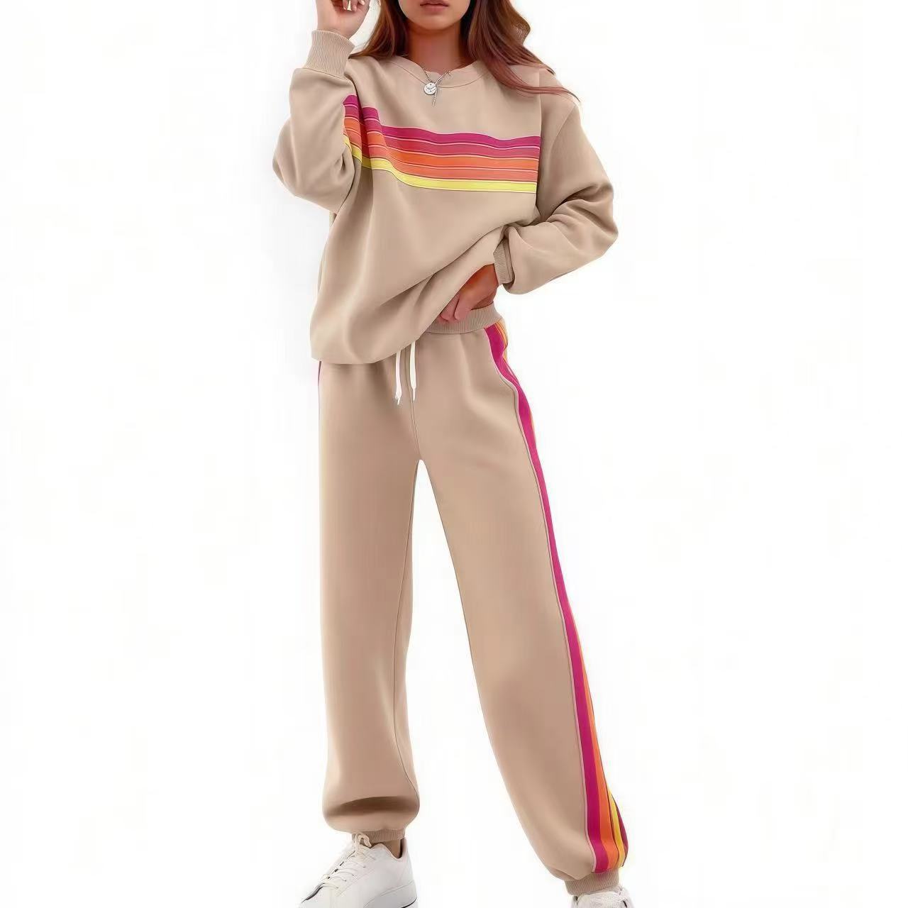 Round Neck Loose Color Stripes Elastic Waist Pants Sweater Suit