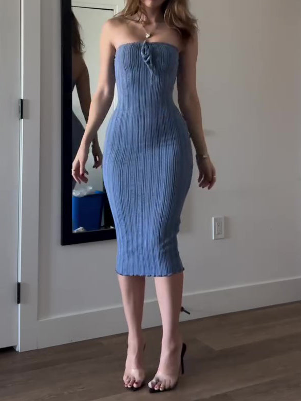 Haze Blue Tube Top Knitted Bodycon Dress