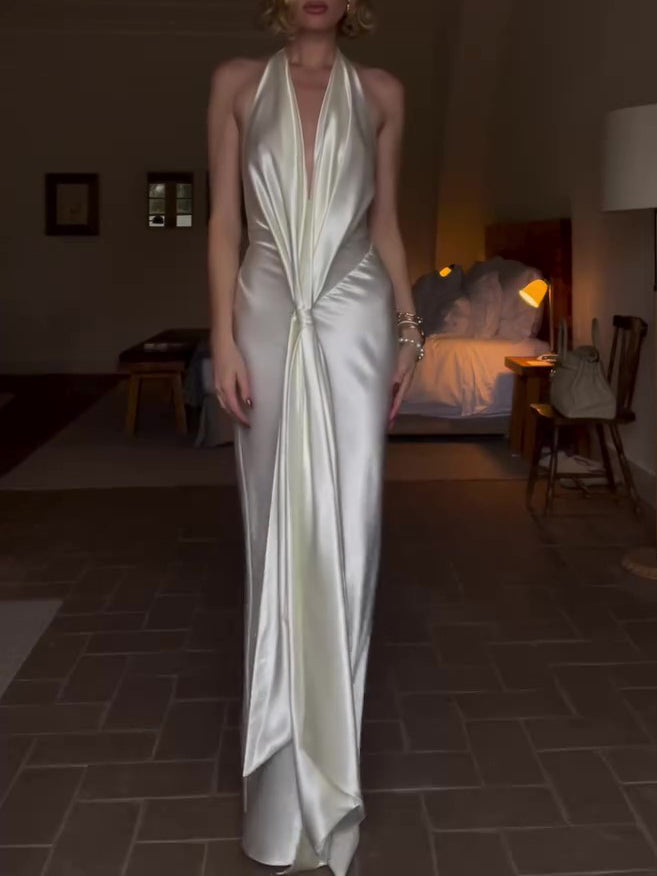 Deep V Solid Color Backless Maxi Dress