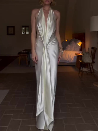 Deep V Solid Color Backless Maxi Dress