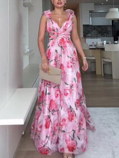 Floral Print Open Back Strap Maxi Dress