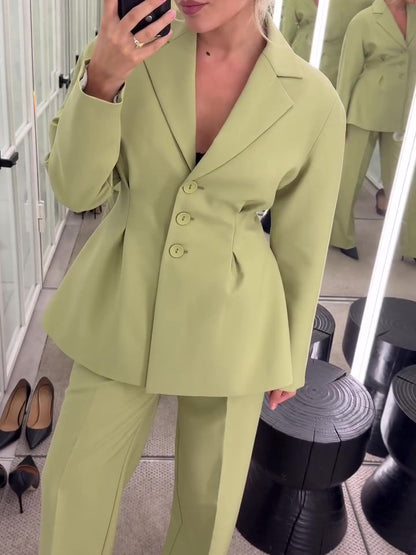 Fruit Green Waisted Suit Jacket & High Waisted Pants Set