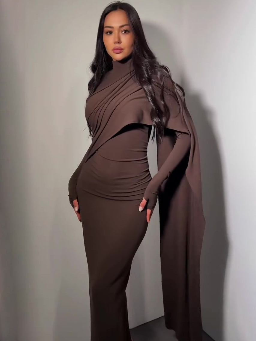 Brown Turtleneck Long-sleeved Slim Dress