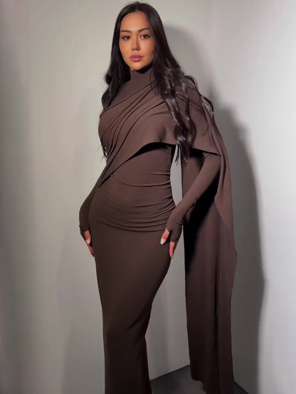 Brown Turtleneck Long-sleeved Slim Dress