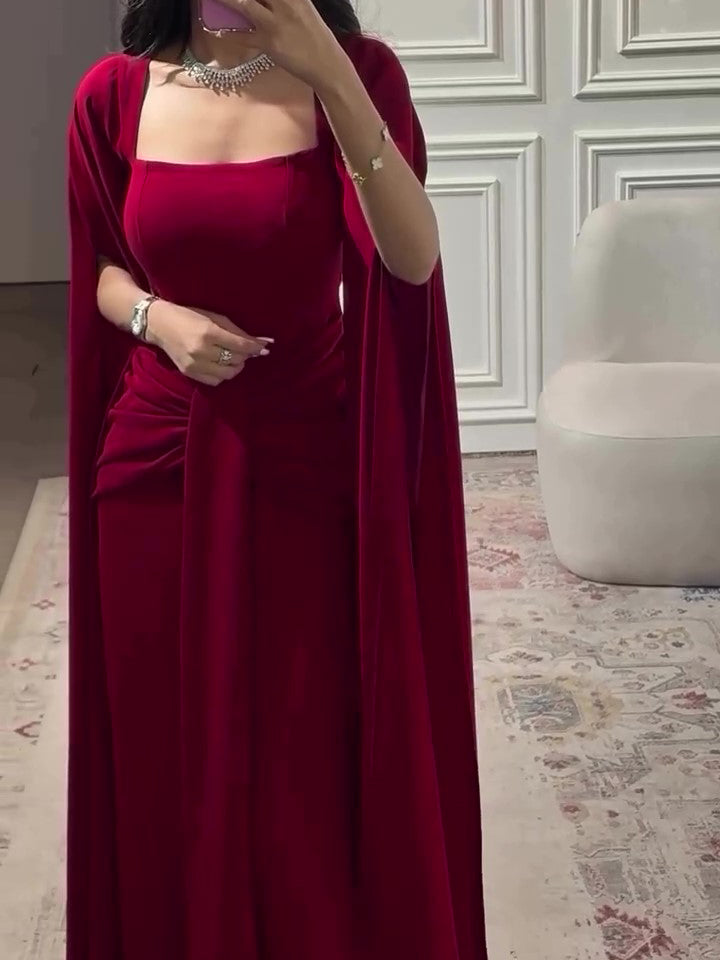 Elegant Burgundy Square - Neck Cape  Maxi Dress