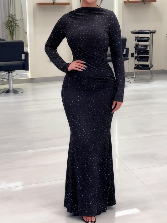 Black Rhinestone-Embellished Maxi Dress With Long Sleeves And Mermaid Silhouette