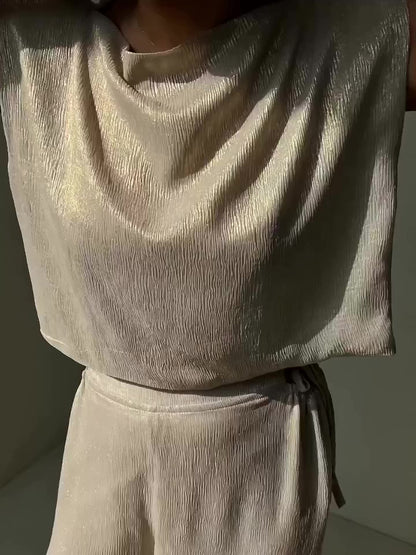 Glossy Sleeveless Top & Strappy Wide-leg Pants Set