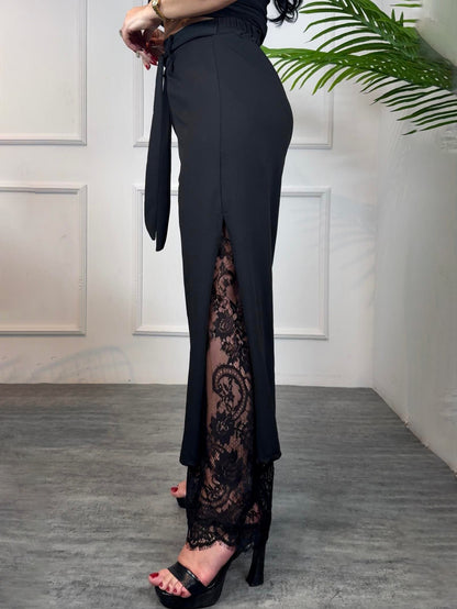 Black Lace Panel Lace-Up Pants