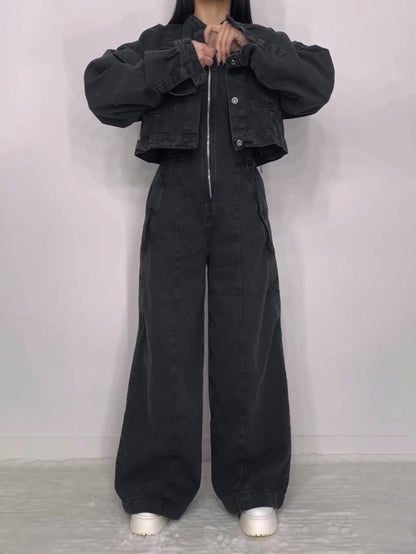Denim Bandeau Zipper Jumpsuit & Jacket Set