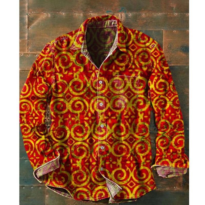Mens Color-Block Printed Long-Sleeve Button-Up Top