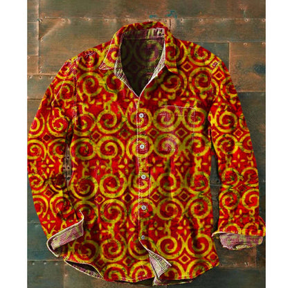 Mens Color-Block Printed Long-Sleeve Button-Up Top