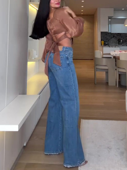 Glitter Long Sleeve Lace Up Crop Shirt