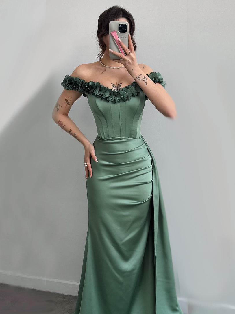 Green Off-shoulder Pleated Maxi Evening Dress