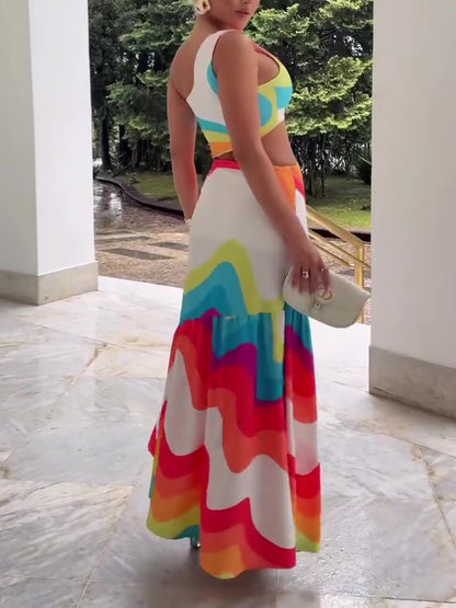 Colorful One Shoulder Cutout Dress