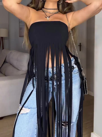 Black Bandeau Fringe Top