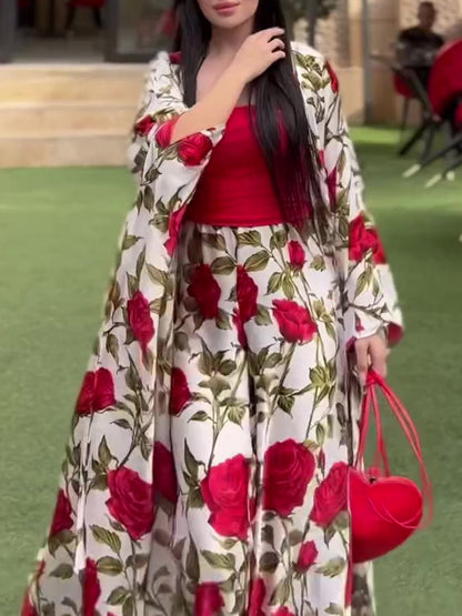 Printed Vest Cardigan Three-piece Wide-leg Pants Set