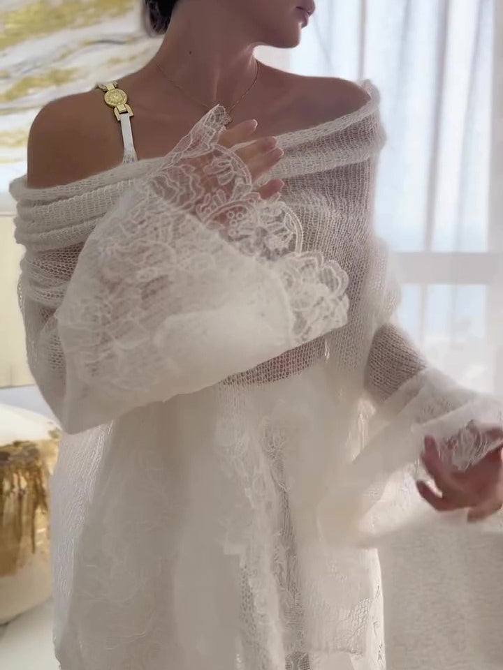 White Lace Off-Shoulder Oversized Top